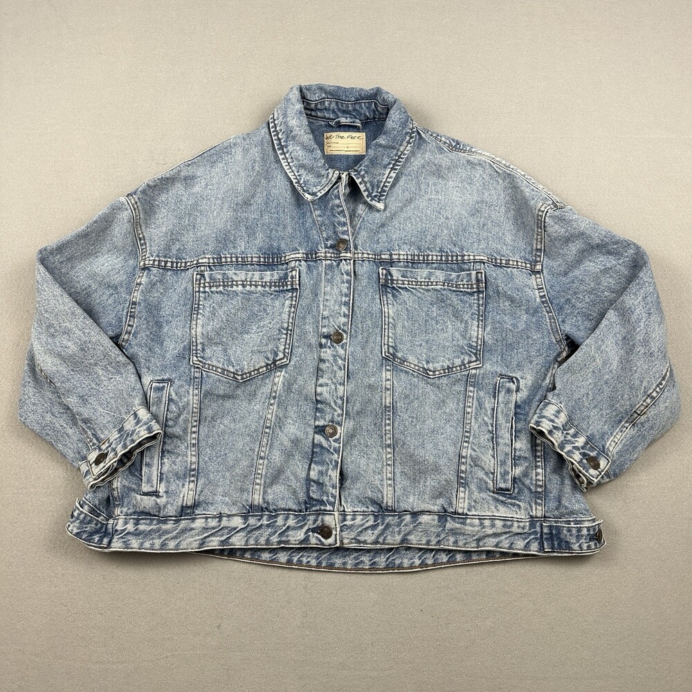 Free People Denim Jacket Women Large Blue Acid Wash Denim Cropped Trucker Coat L